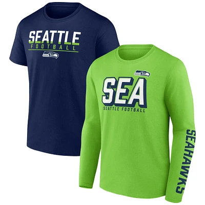 Men's Fanatics Neon Green/College Navy Seattle Seahawks Two-Pack T-Shirt Combo Set