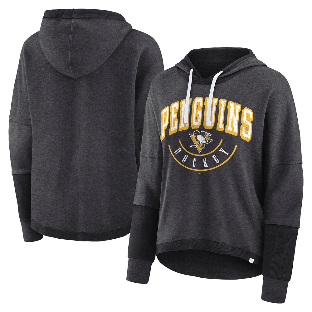 Women's Fanatics Heather Charcoal Pittsburgh Penguins Lux Lounge Helmet Arch Pullover Hoodie