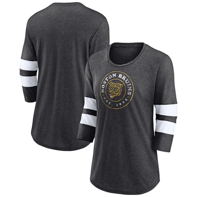 Women's Fanatics Heather Charcoal Boston Bruins One Timer Tri-Blend Scoop Neck 3/4-Sleeve T-Shirt