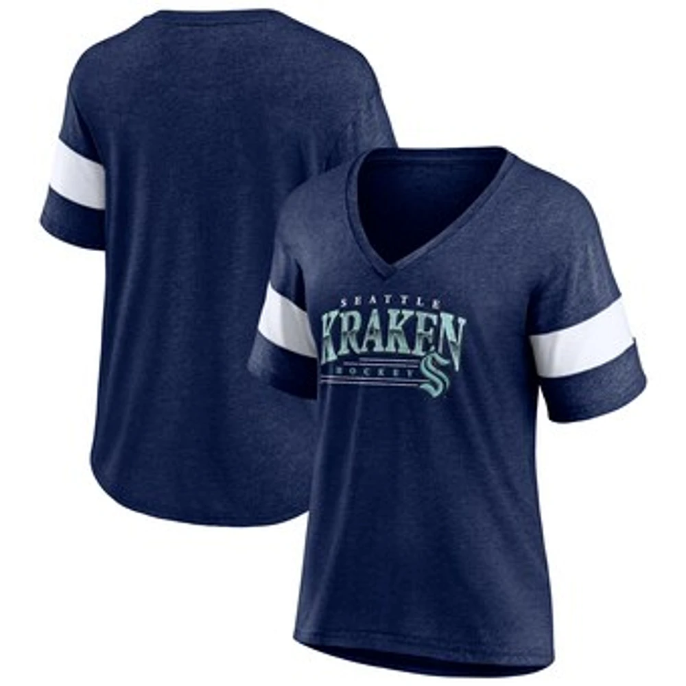 Women's Fanatics Heather Deep Sea Blue Seattle Kraken Clapper V-Neck Half-Sleeve T-Shirt