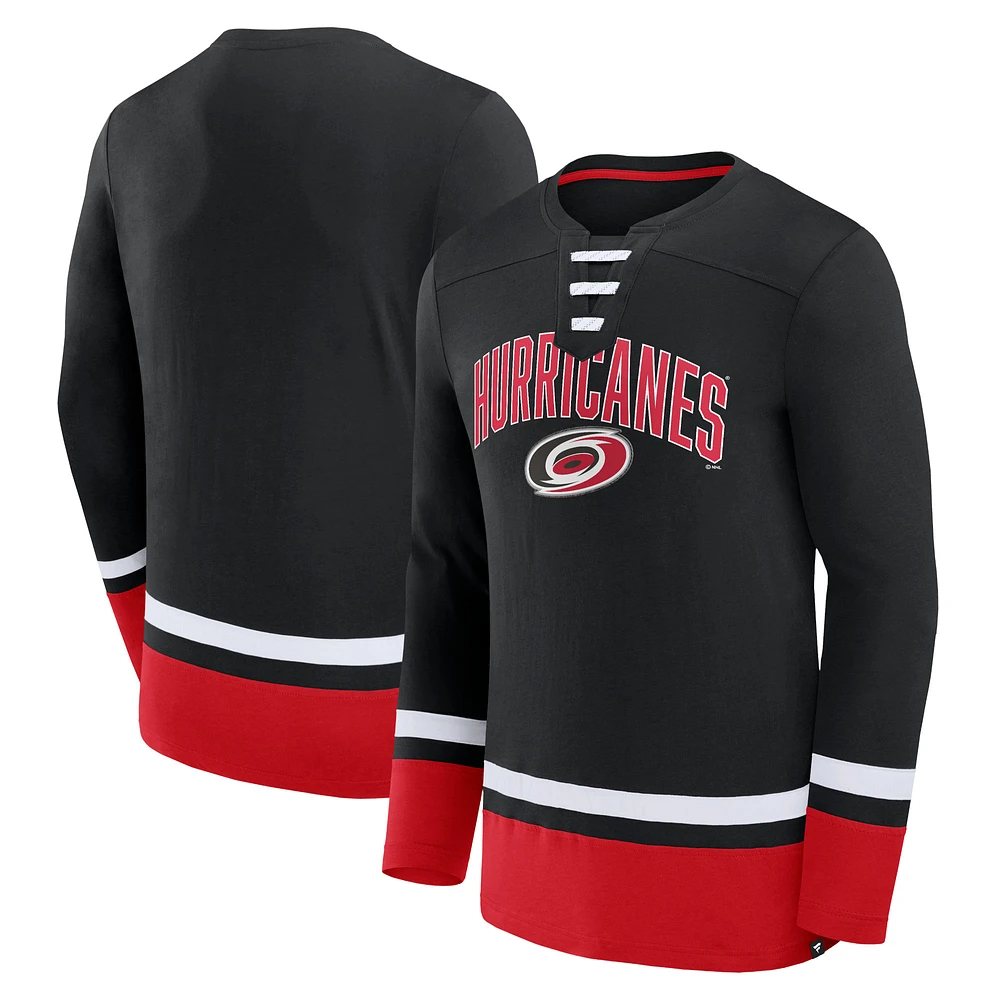 Men's Fanatics Black Carolina Hurricanes Back Pass Lace-Up Long Sleeve T-Shirt