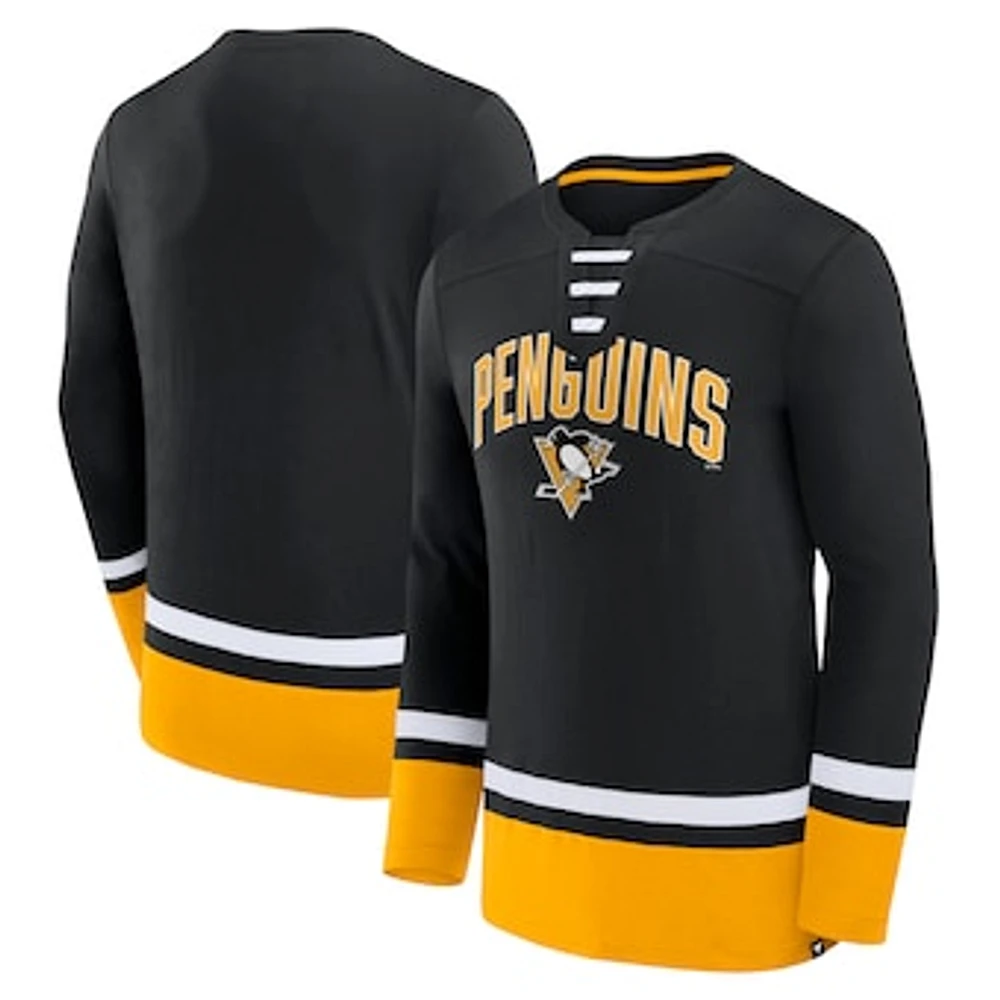 Men's Fanatics Black Pittsburgh Penguins Back Pass Lace-Up Long Sleeve T-Shirt