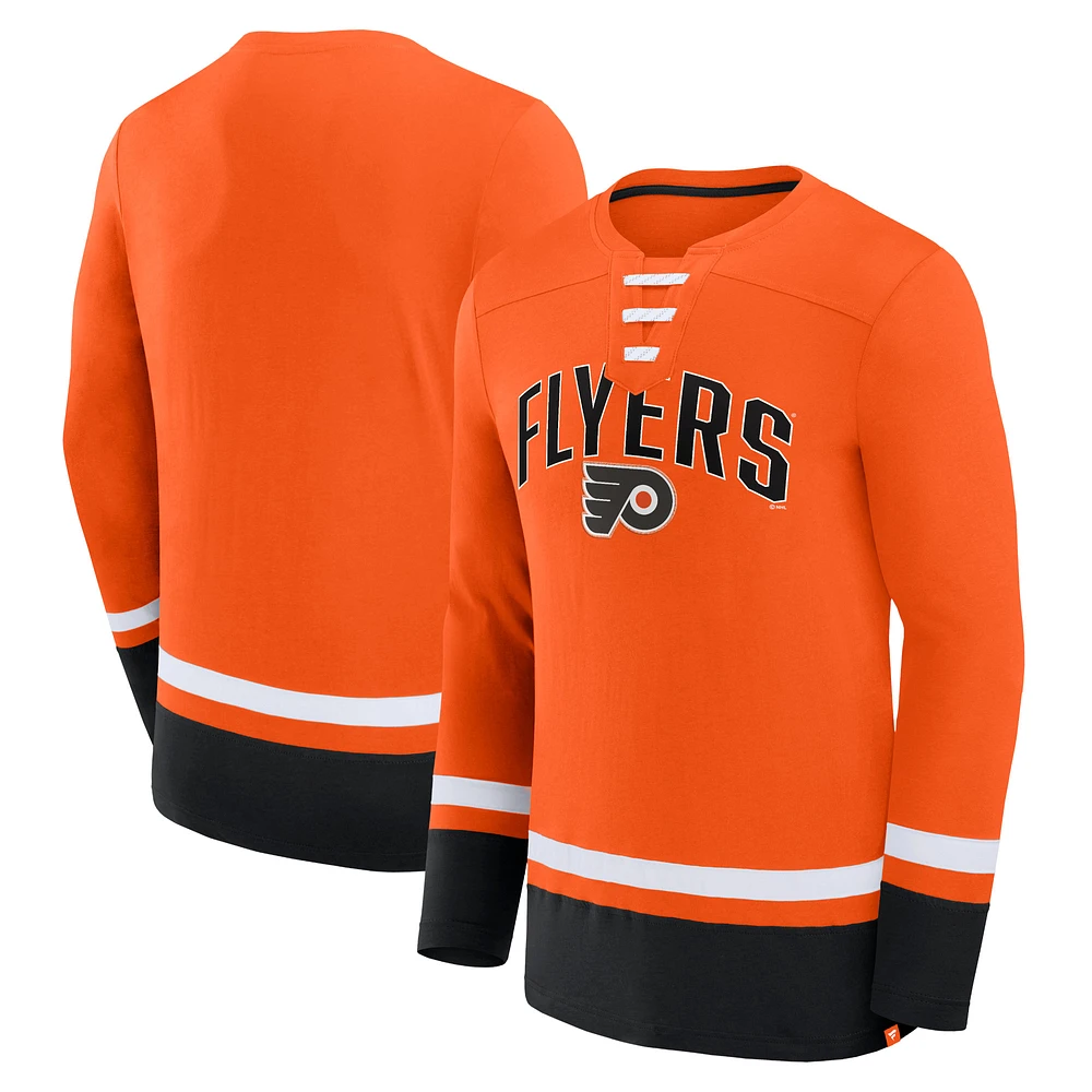 Men's Fanatics Orange Philadelphia Flyers Back Pass Lace-Up Long Sleeve T-Shirt