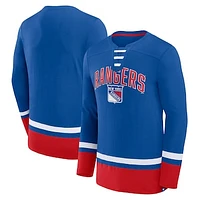 Men's Fanatics Blue New York Rangers Back Pass Lace-Up Long Sleeve T-Shirt