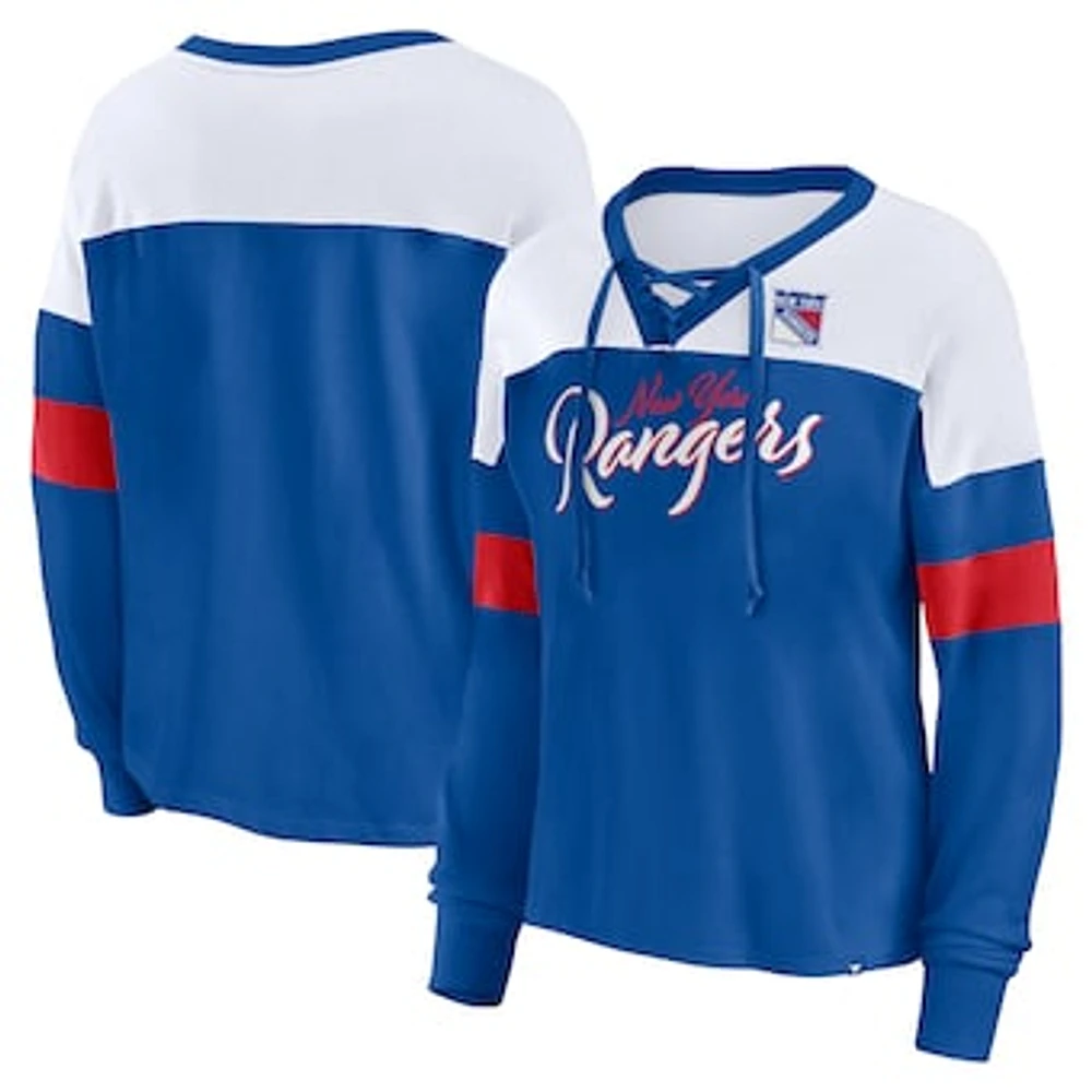 Women's Fanatics Blue New York Rangers Take the Shot Long Sleeve Lace-Up V-Neck T-Shirt