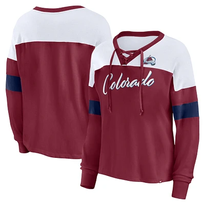 Women's Fanatics Burgundy Colorado Avalanche Take the Shot Long Sleeve Lace-Up V-Neck T-Shirt