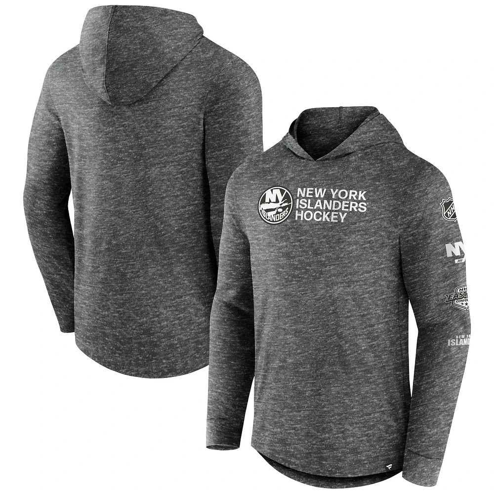 Men's Fanatics Heather Charcoal New York Islanders Stacked Long Sleeve Hoodie T-Shirt