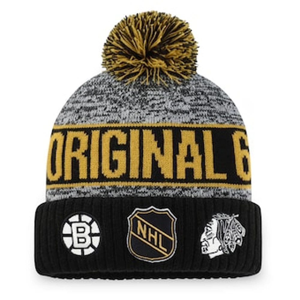 Men's Fanatics Heather Gray NHL Logo Original 6 Script Cuffed Knit Hat with Pom