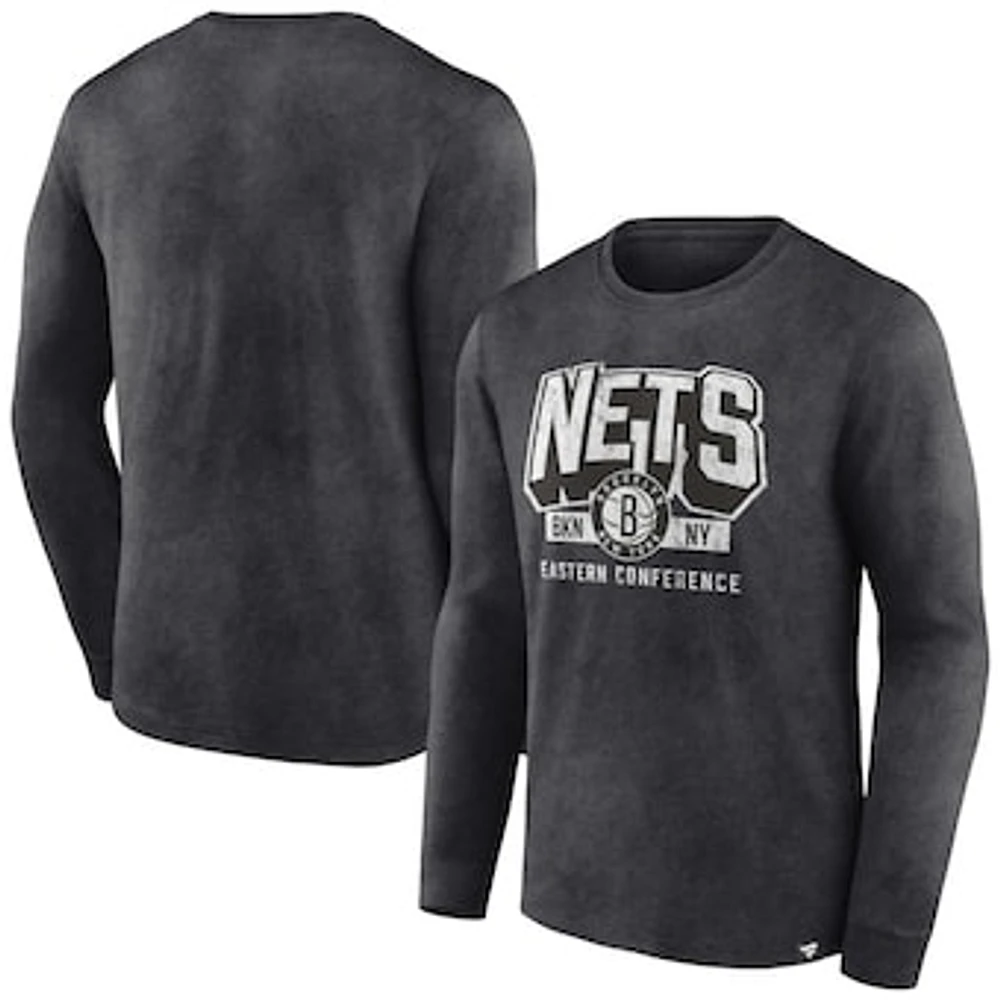 Men's Fanatics Heather Charcoal Brooklyn Nets Front Court Press Snow Wash Long Sleeve T-Shirt