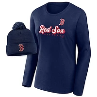 Women's Fanatics Navy Boston Red Sox Run The Bases Long Sleeve T-Shirt & Cuffed Knit Hat with Pom Combo Set