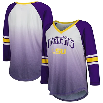 Women's G-III 4Her by Carl Banks White/Purple LSU Tigers Lead Off Ombre Raglan 3/4-Sleeve V-Neck T-Shirt