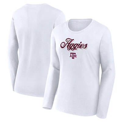 Women's Fanatics White Texas A&M Aggies Double Team Script Long Sleeve T-Shirt