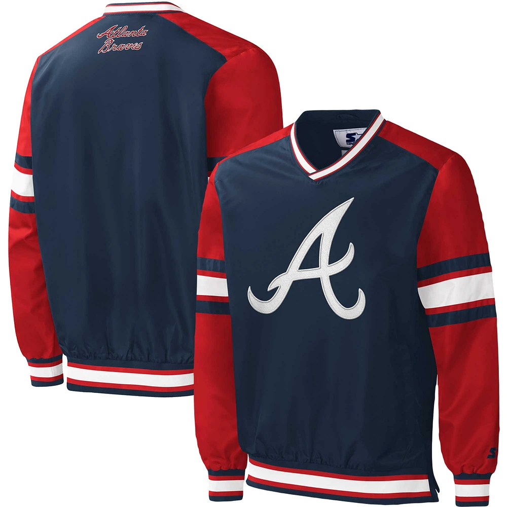 Men's Starter Navy Atlanta Braves Yardline V-Neck Pullover Windbreaker