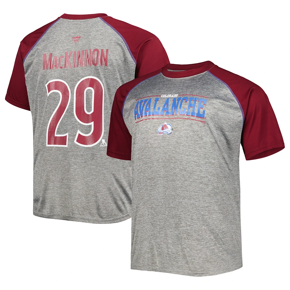 Men's Fanatics Nathan MacKinnon Heather Gray/Burgundy Colorado Avalanche Big & Tall Contrast Raglan Name Number T-Shirt