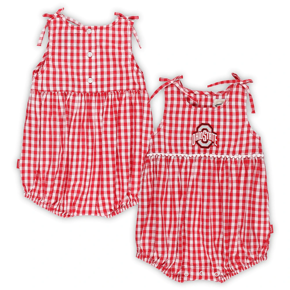 Girls Infant Garb Scarlet/White Ohio State Buckeyes Teagan Gingham Ruffled Romper