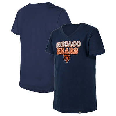 Girls Youth New Era Navy Chicago Bears Reverse Sequin V-Neck T-Shirt