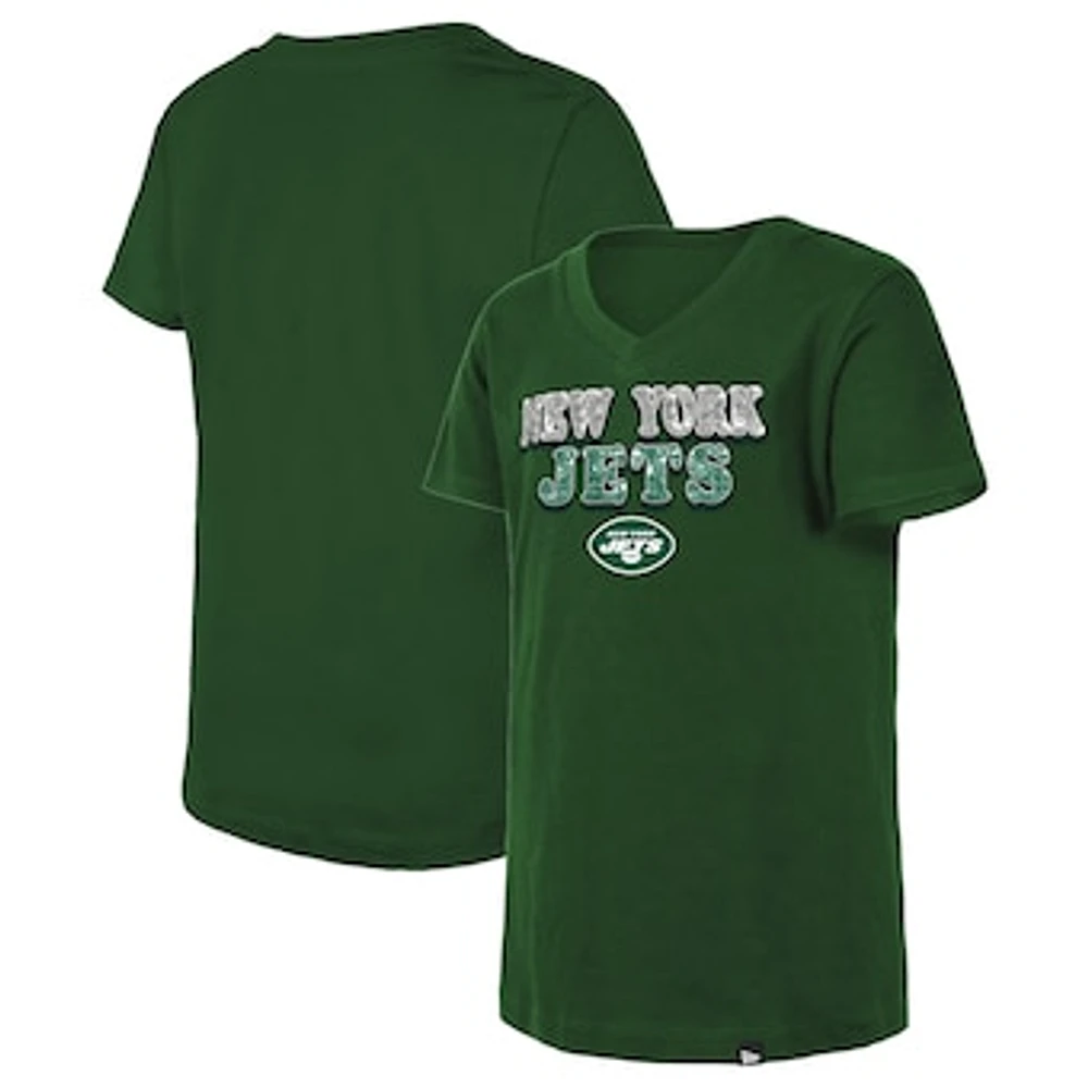 Girls Youth New Era Green New York Jets Reverse Sequin V-Neck T-Shirt