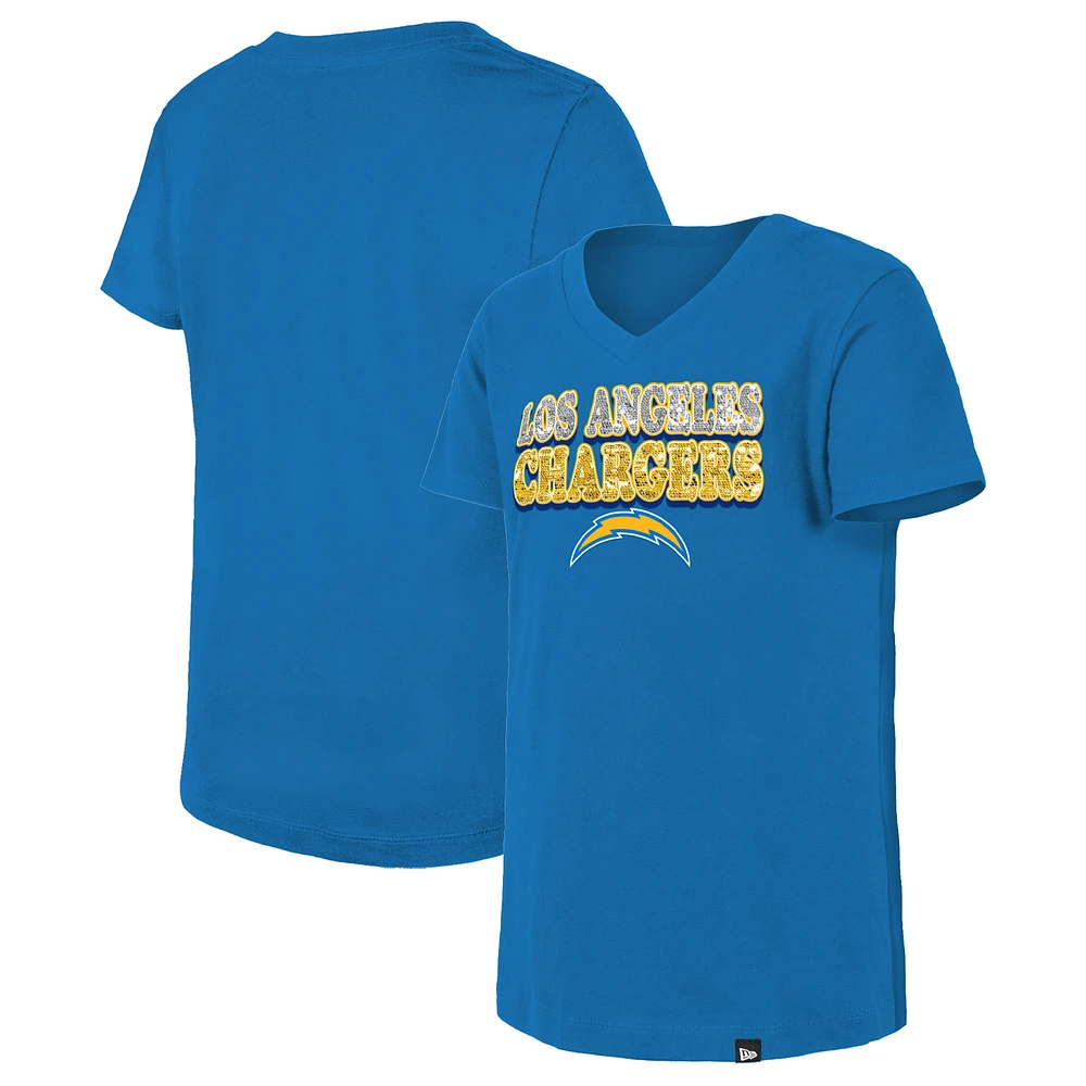 Girls Youth New Era Powder Blue Los Angeles Chargers Reverse Sequin V-Neck T-Shirt