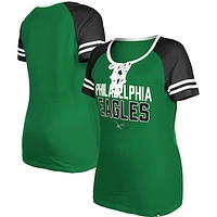 Women's New Era  Kelly Green Philadelphia Eagles Throwback Raglan Lace-Up T-Shirt