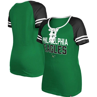 Women's New Era  Kelly Green Philadelphia Eagles Throwback Raglan Lace-Up T-Shirt