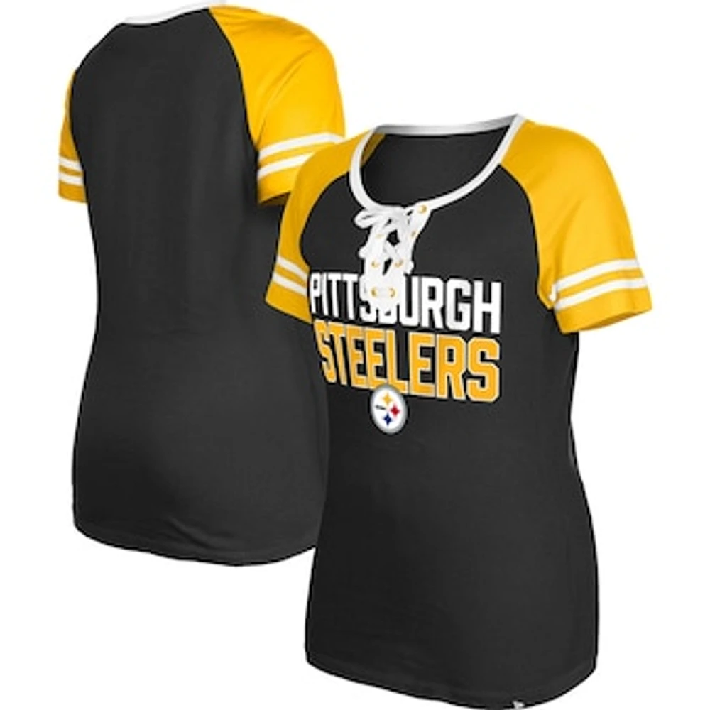 Women's New Era  Black Pittsburgh Steelers Raglan Lace-Up T-Shirt