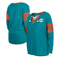 Women's New Era Aqua Miami Dolphins Lace-Up Notch Neck Long Sleeve T-Shirt