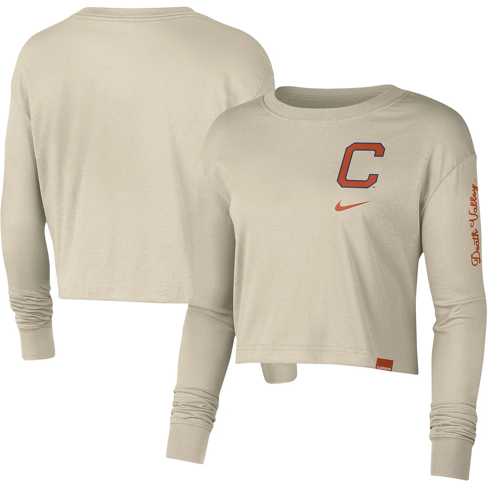 Women's Nike Cream Clemson Tigers Varsity Letter Long Sleeve Crop Top