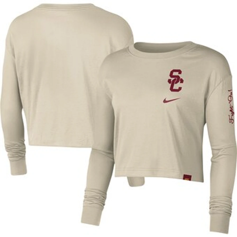 Women's Nike Cream USC Trojans Varsity Letter Long Sleeve Crop Top