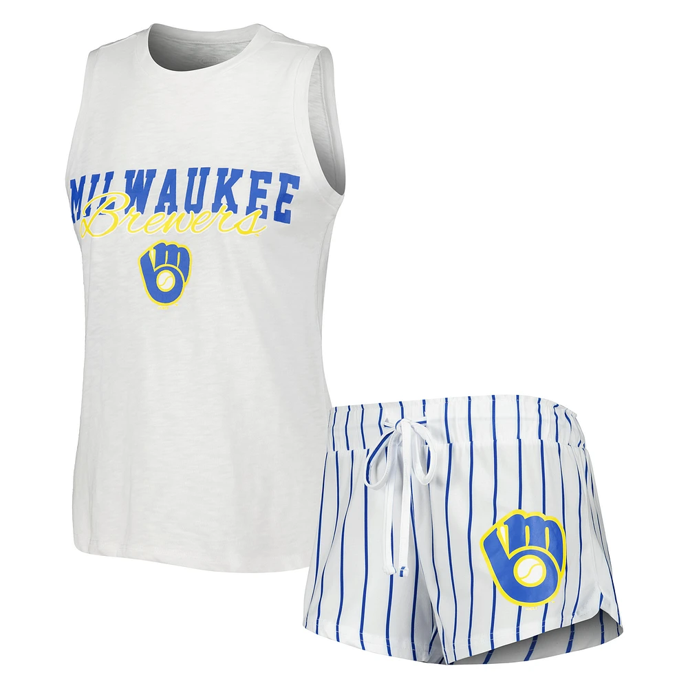 Women's Concepts Sport White Milwaukee Brewers Reel Pinstripe Tank Top & Shorts Sleep Set