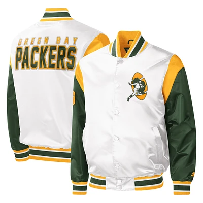 Men's Starter White Green Bay Packers Warm Up Pitch Full-Snap - Varsity Jacket