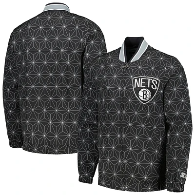 Men's Starter Black Brooklyn Nets In-Field Play Fashion Satin Full-Zip Varsity Jacket