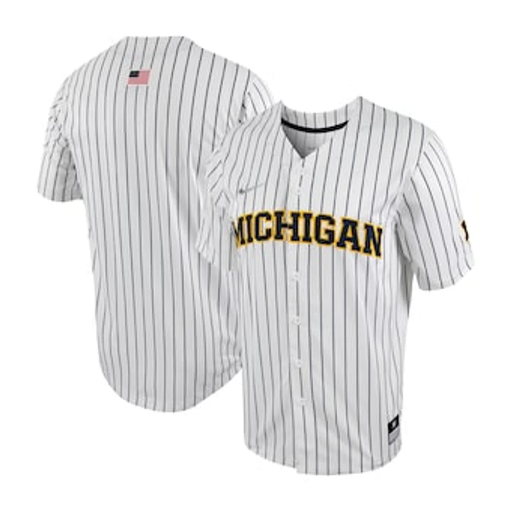 Men's Nike White/Navy Michigan Wolverines Pinstripe Replica Full-Button Baseball Jersey