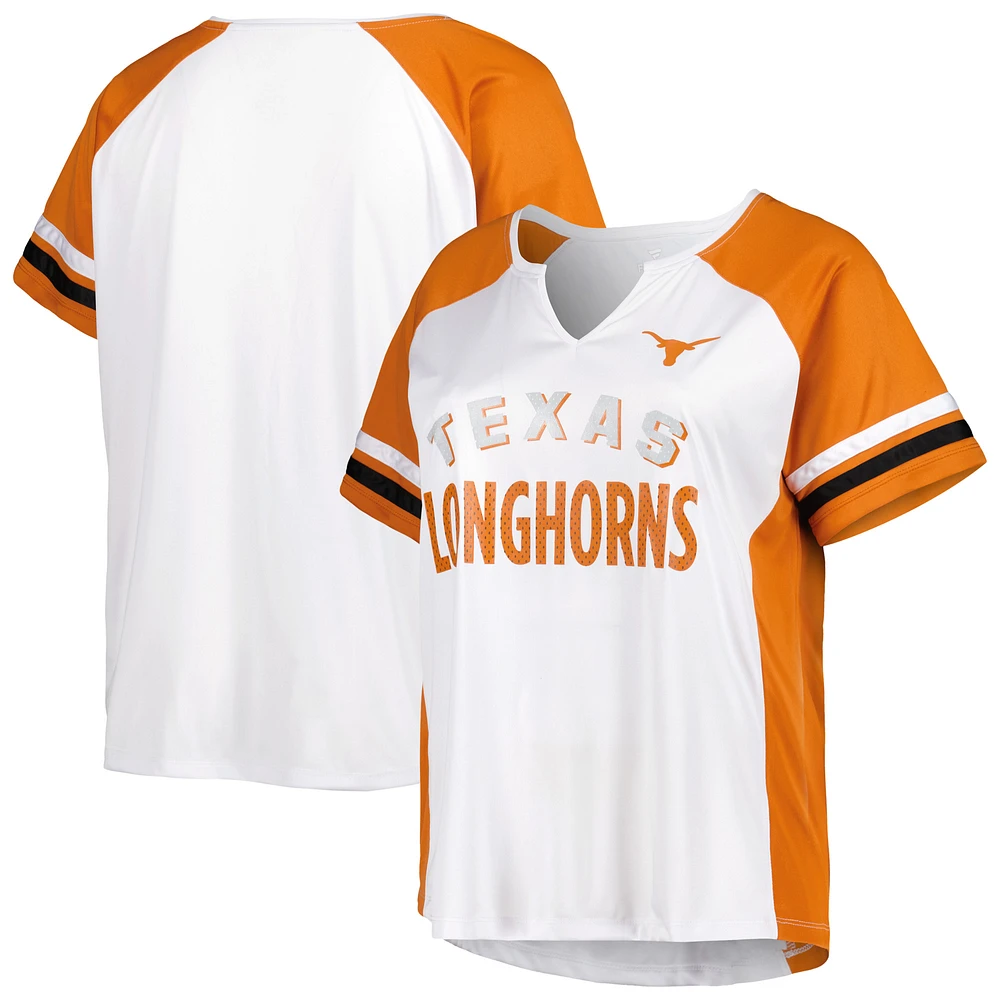 Women's White Texas Longhorns Plus Size Stripe Raglan Notch Neck T-Shirt