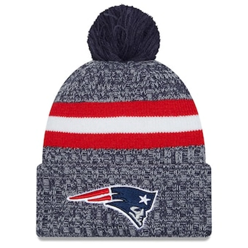 Youth New Era  Navy New England Patriots 2023 Sideline Cuffed Knit Hat With Pom