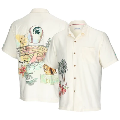 Men's Tommy Bahama Cream Michigan State Spartans Paradise Fly Ball Camp Button-Up Shirt