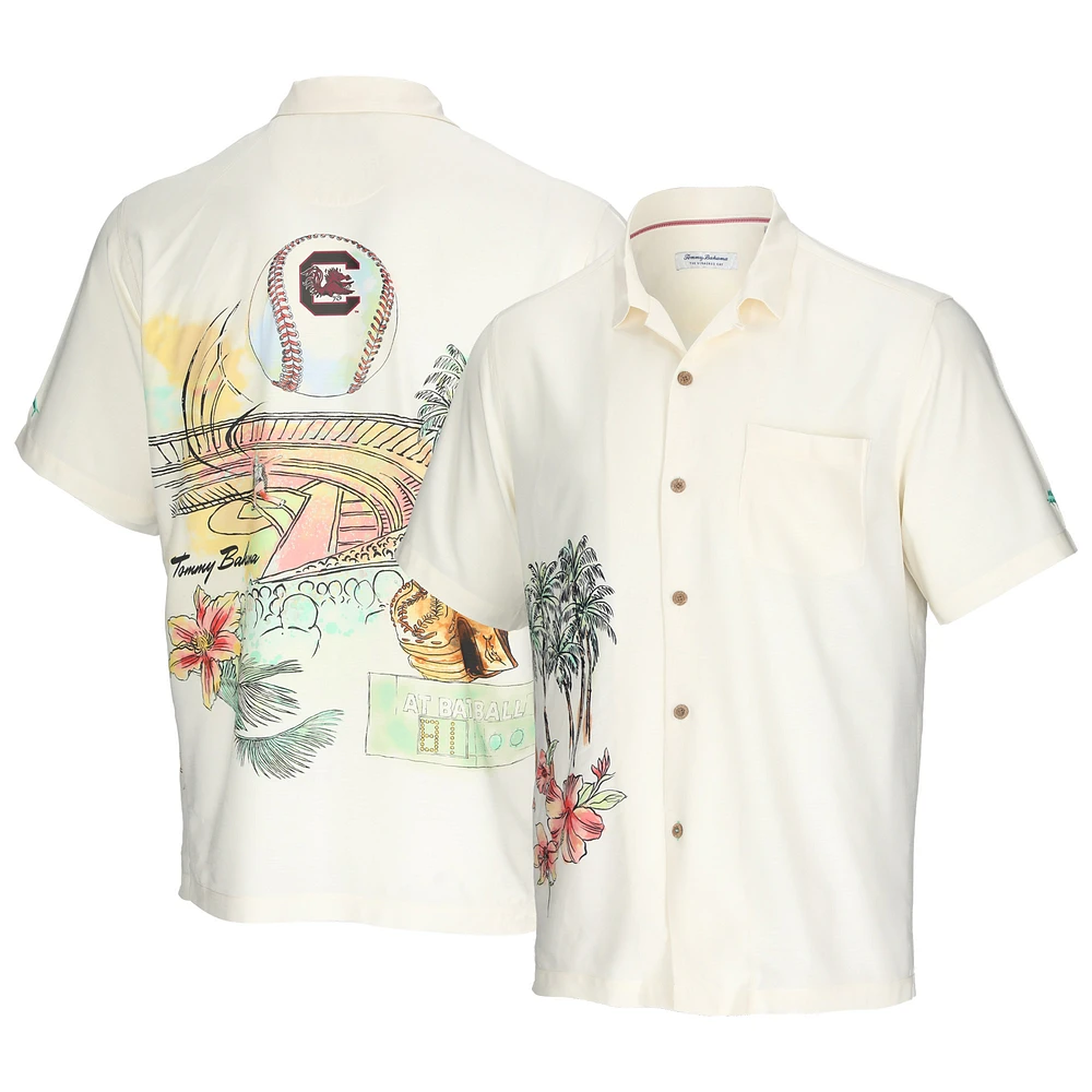 Men's Tommy Bahama Cream South Carolina Gamecocks Paradise Fly Ball Camp Button-Up Shirt