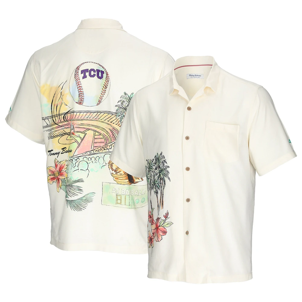 Men's Tommy Bahama Cream TCU Horned Frogs Paradise Fly Ball Camp Button-Up Shirt