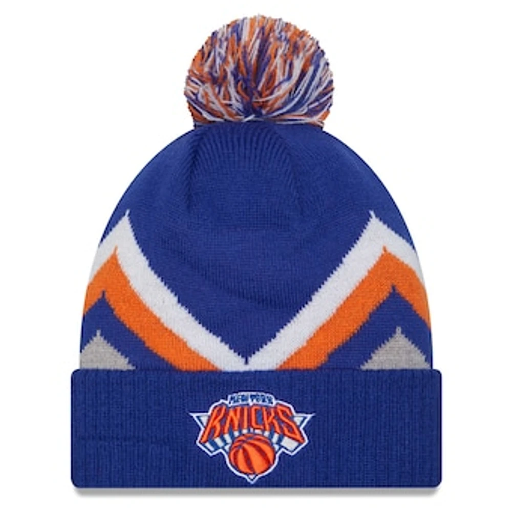 Men's New Era Blue New York Knicks Zig Zag Cuffed Knit Hat with Pom