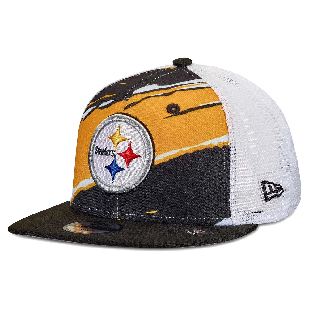 Youth New Era Black Pittsburgh Steelers Tear 9FIFTY Trucker Snapback Hat