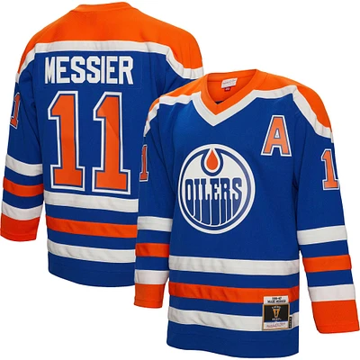 Men's Mitchell & Ness Mark Messier Royal Edmonton Oilers  1986 Alternate Captain Patch Blue Line Player Jersey