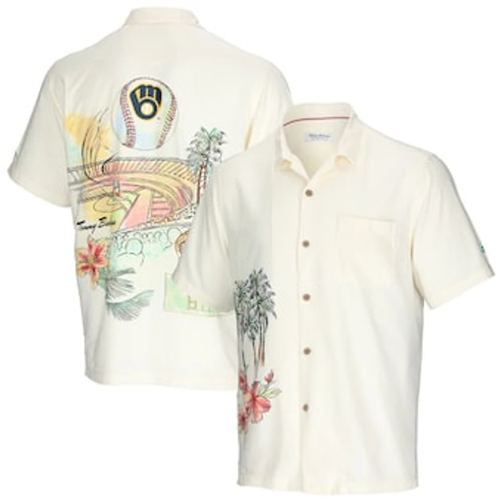 Men's Tommy Bahama Cream Milwaukee Brewers Paradise Fly Ball Camp Button-Up Shirt