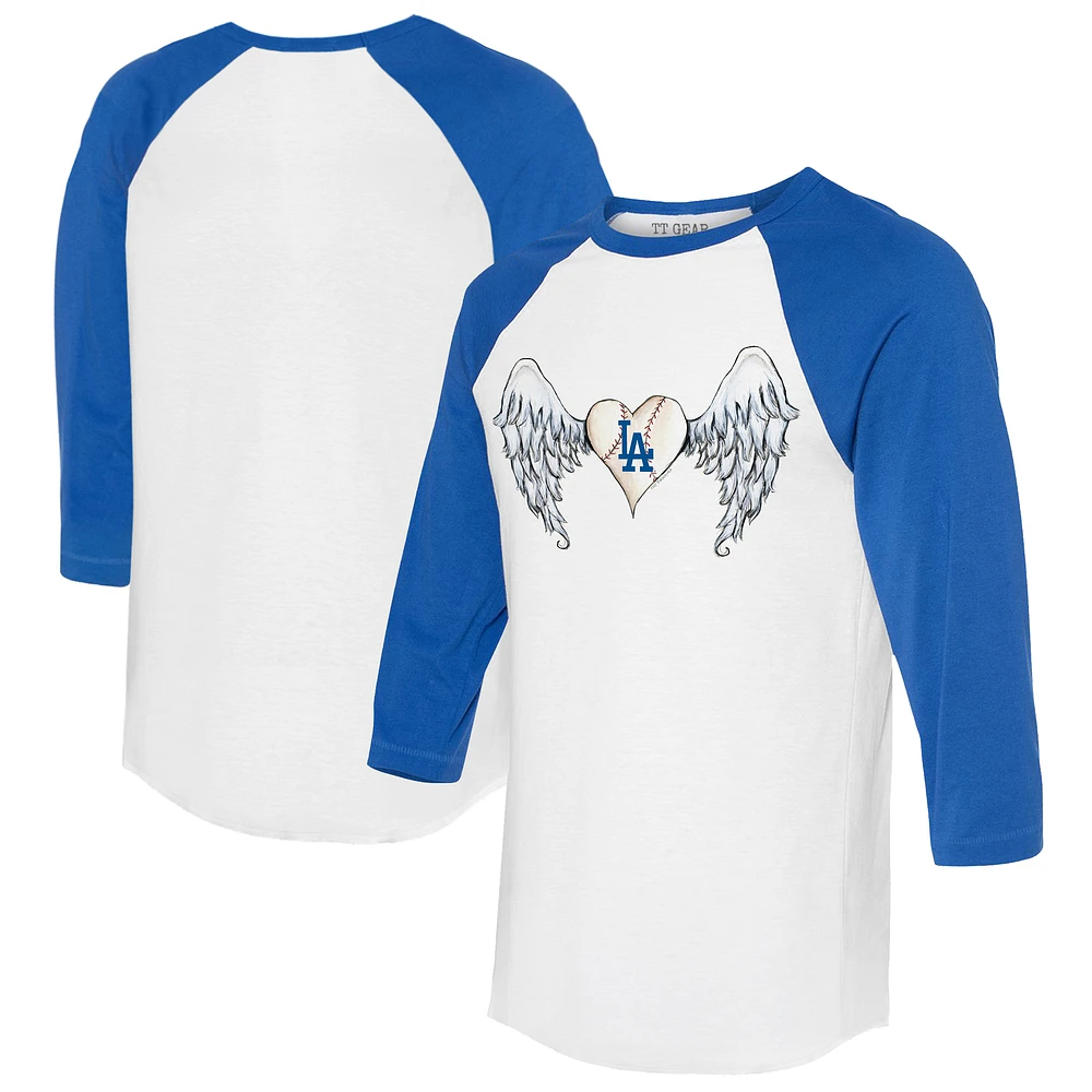 Women's Tiny Turnip White/Royal Los Angeles Dodgers Angel Wings 3/4-Sleeve Raglan T-Shirt