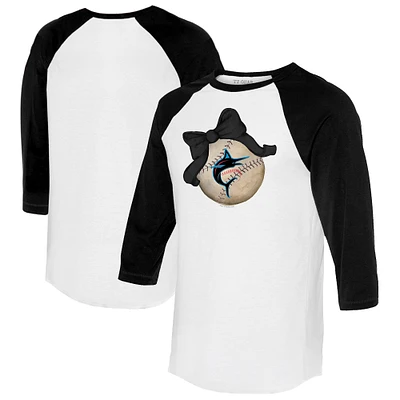 Women's Tiny Turnip White/Black Miami Marlins Baseball Bow 3/4-Sleeve Raglan T-Shirt