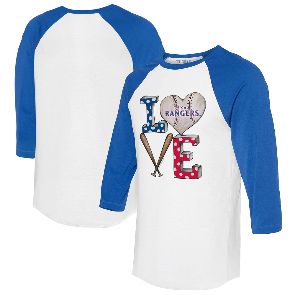Women's Tiny Turnip White/Royal Texas Rangers Baseball Love Raglan 3/4-Sleeve T-Shirt