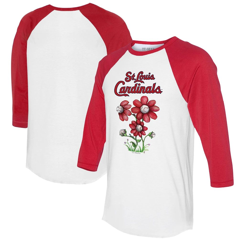 Women's Tiny Turnip White/Red St. Louis Cardinals Blooming Baseballs 3/4-Sleeve Raglan T-Shirt