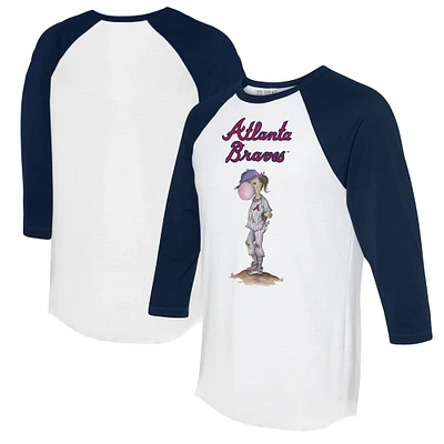 Women's Tiny Turnip White/Navy Atlanta Braves Bubbles 3/4-Sleeve Raglan T-Shirt