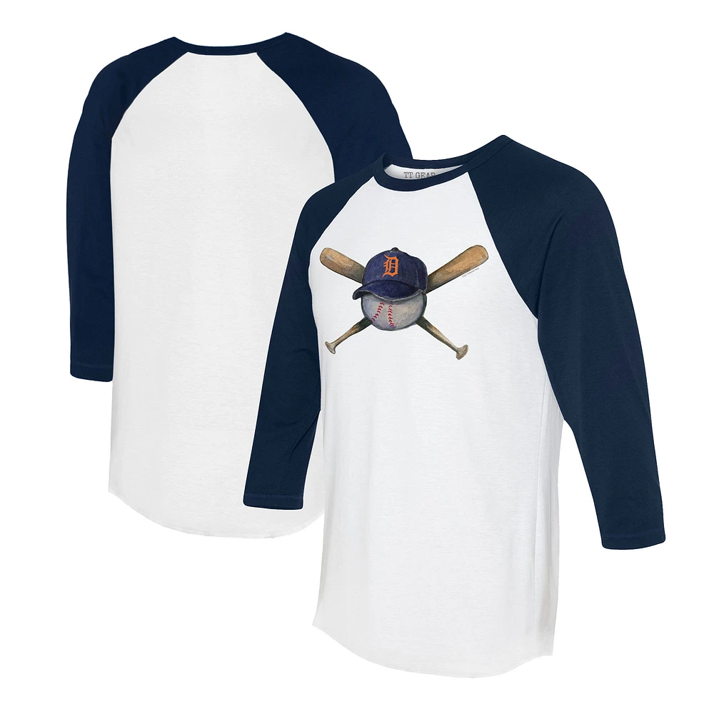 Women's Tiny Turnip White/Navy Detroit Tigers Hat Crossbats 3/4-Sleeve Raglan T-Shirt