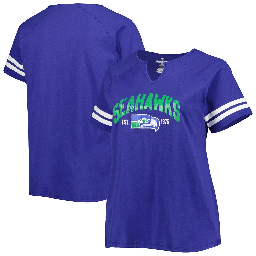 Women's Fanatics Royal Seattle Seahawks Plus Size Throwback Notch Neck Raglan T-Shirt