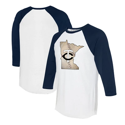 Unisex Tiny Turnip White/Navy Minnesota Twins State Outline 3/4-Sleeve Raglan T-Shirt