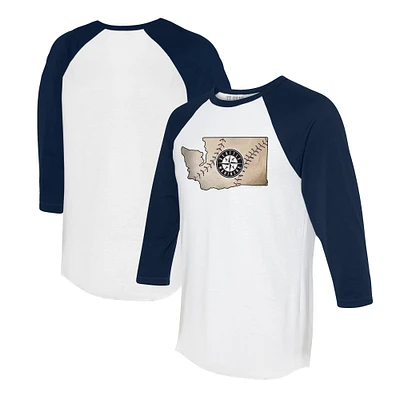 Unisex Tiny Turnip White/Navy Seattle Mariners State Outline 3/4-Sleeve Raglan T-Shirt
